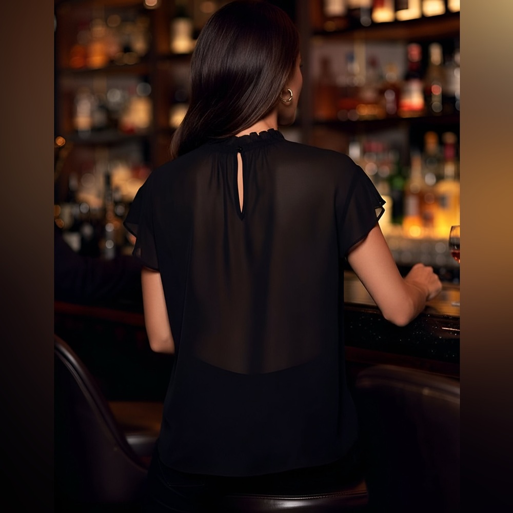 Express Black Semi-Sheer Women's Blouse with Keyhole Button Neck - XS, Like New